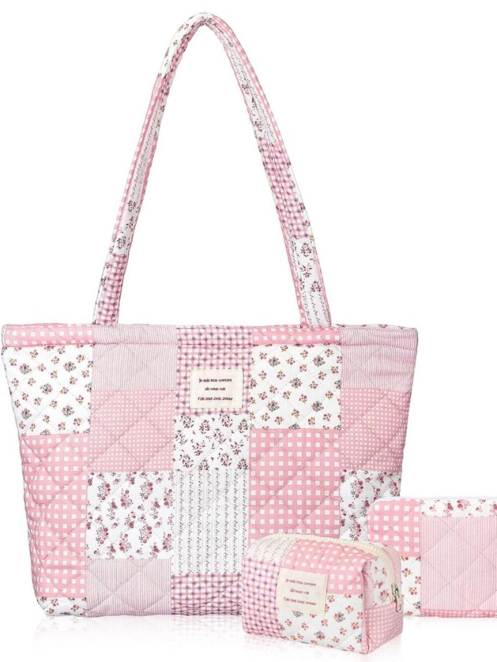 3 Pcs Floral Quilted Bag Set for Women Patchwork Cotton Shoulder Bag Makeup